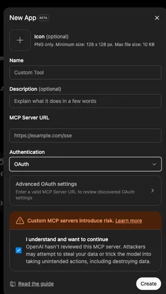 ChatGPT Settings → Connectors → Advanced → New App form